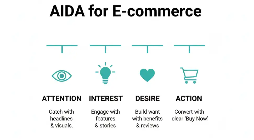AIDA framework card for ecommerce product pages showing Attention, Interest, Desire, Action with brief example
